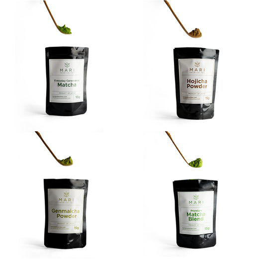 Set de degustación con 4 bolsas de té premium en polvo para lattes: matcha ceremonial, matcha blend, genmaicha y hojicha