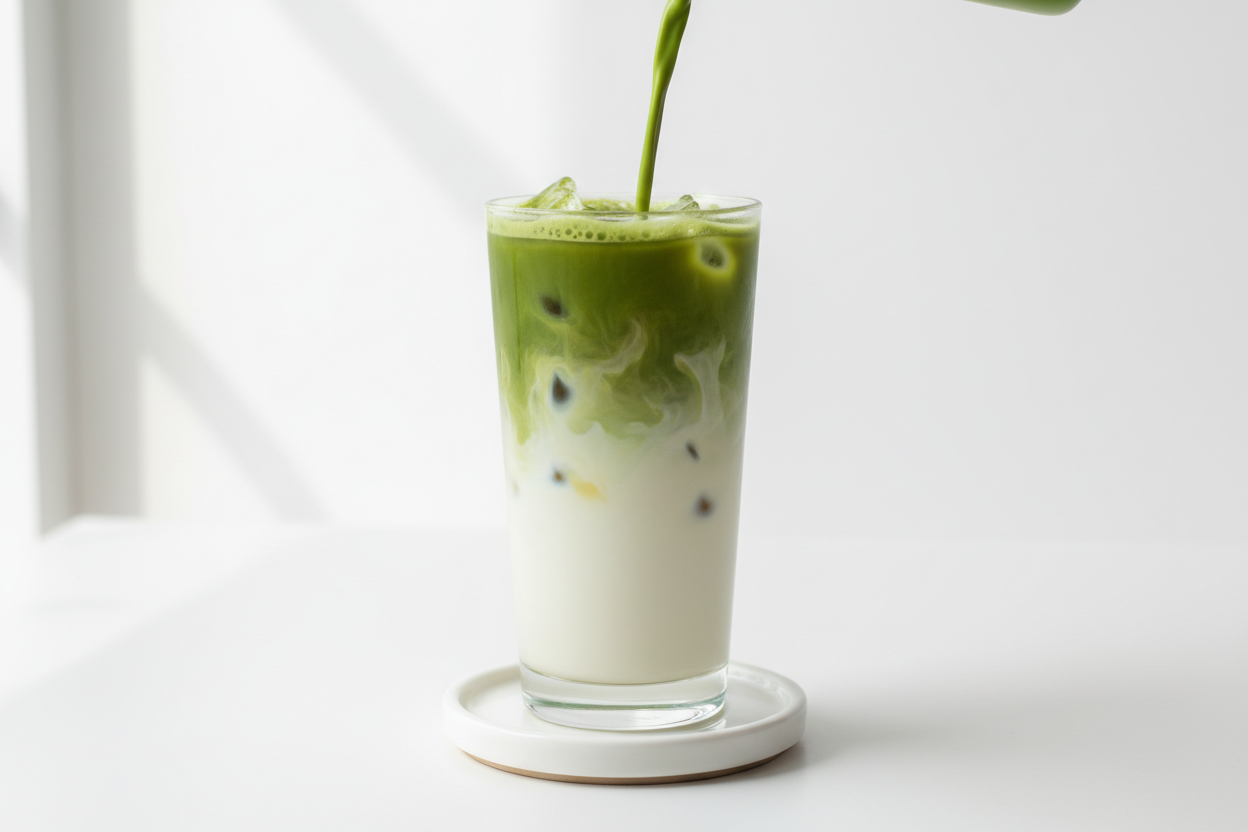 matcha latte in tall glass, with milk on the bottom, and matcha being poured. white backrgound, calm and modern